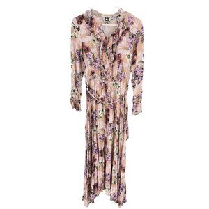 JAASE Women L Floral Maxi Dress Ruffle Pink Lily Long Sleeve Feminine Flowy